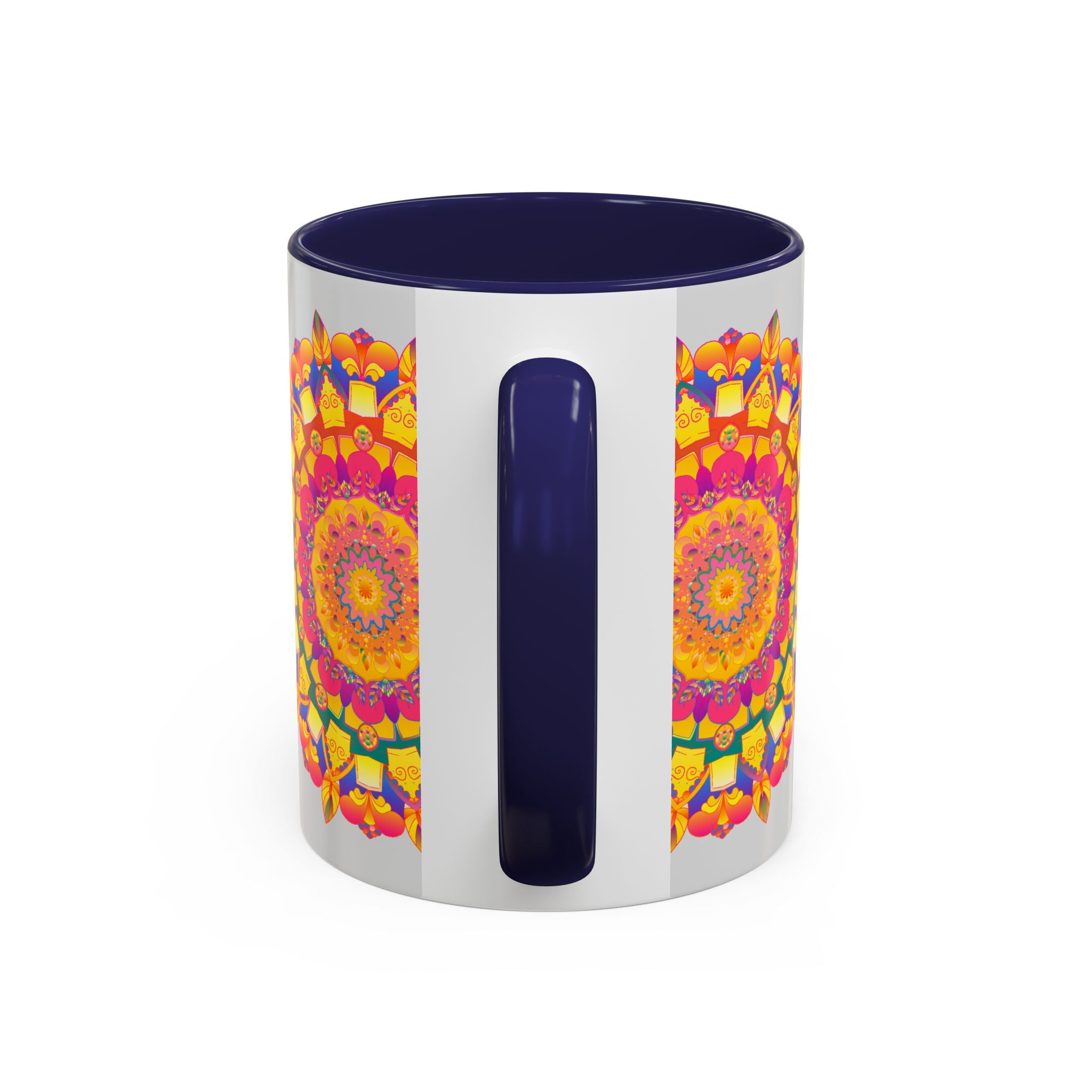 Colorful mandala art design featuring vibrant hues on a grey mug