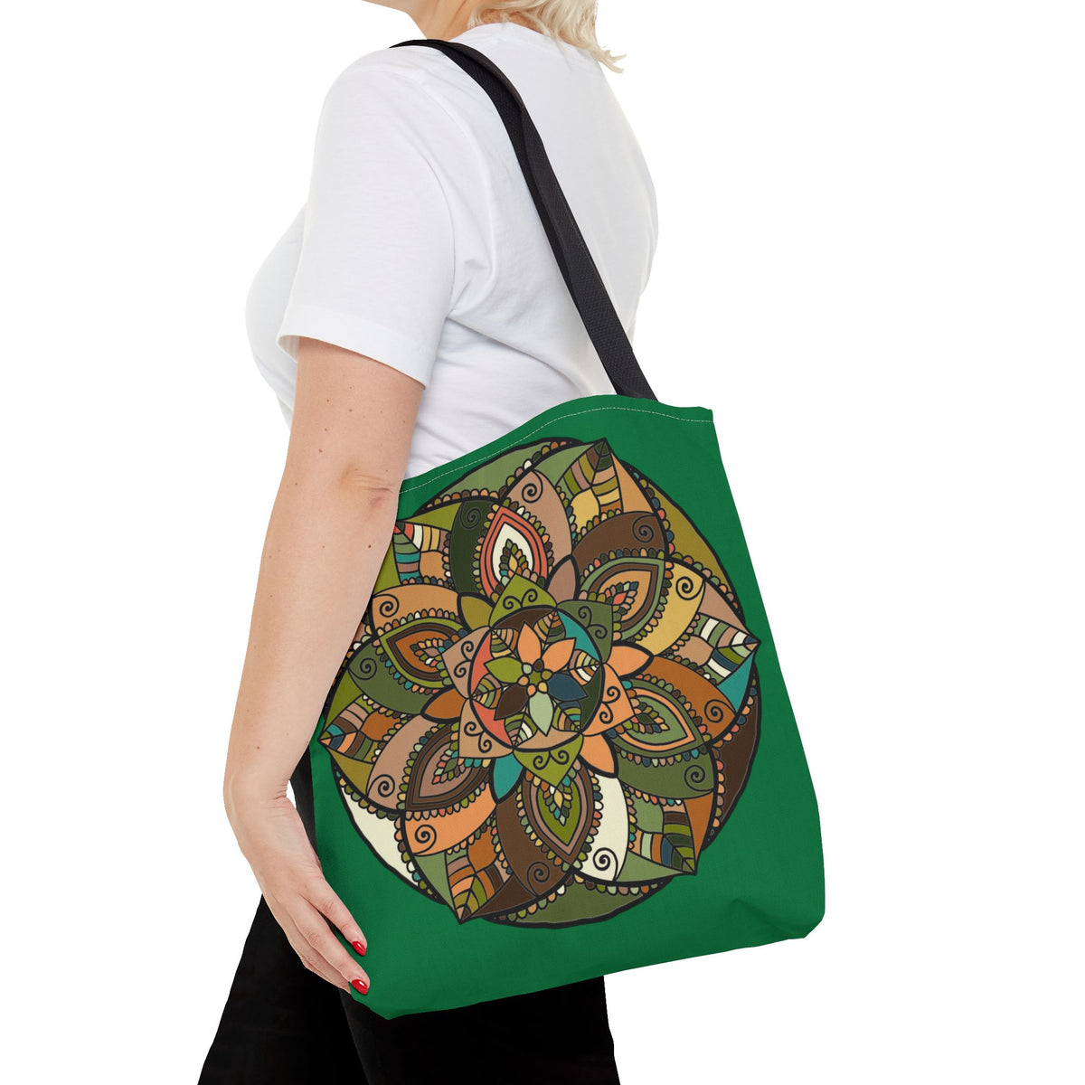 Boho Mandala Tote Bag — Green Floral Pattern AOP Shopper
