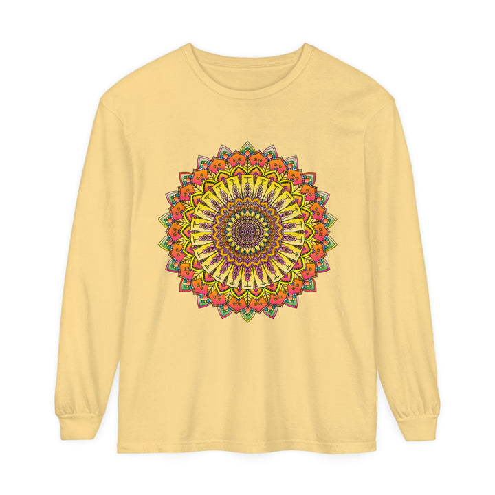 A vibrant and detailed mandala design adorns this unisex long sleeve t-shirt