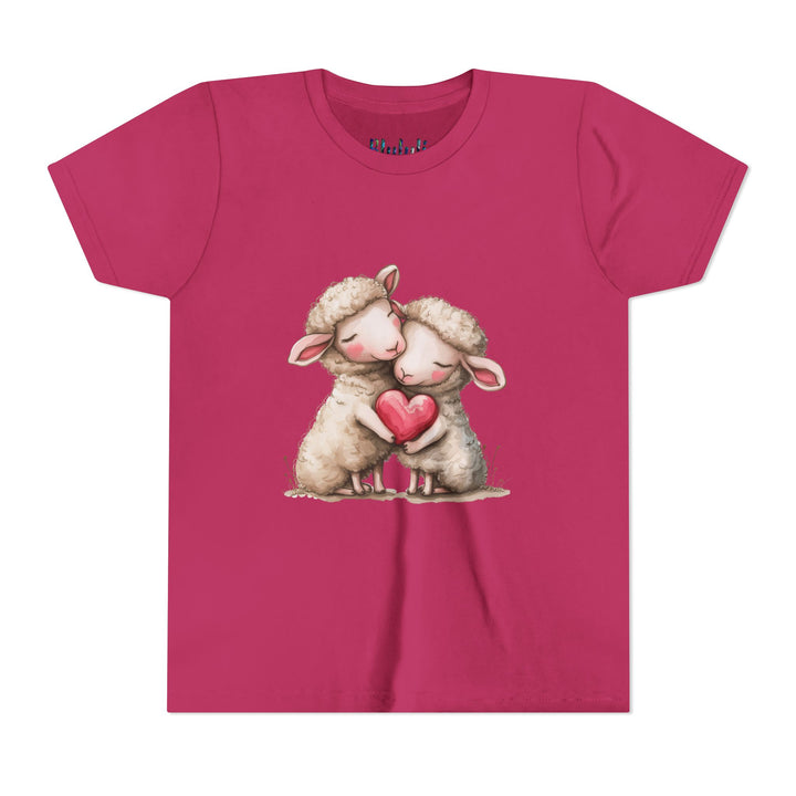 Jugend-T-Shirt – Cartoon-Schafe, die ein Herz umarmen, süßes und schönes Design 