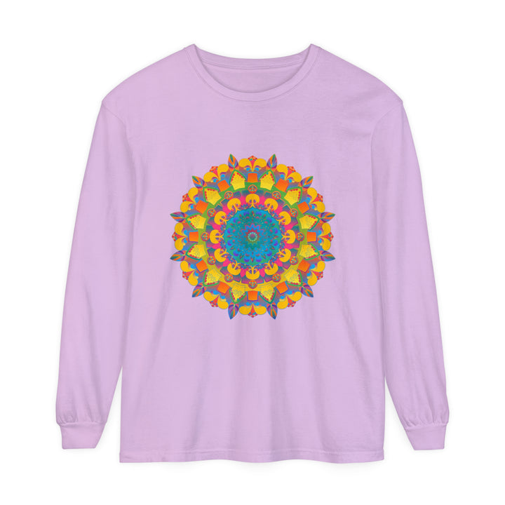 A colorful and intricate mandala design adorns this unisex long sleeve t-shirt