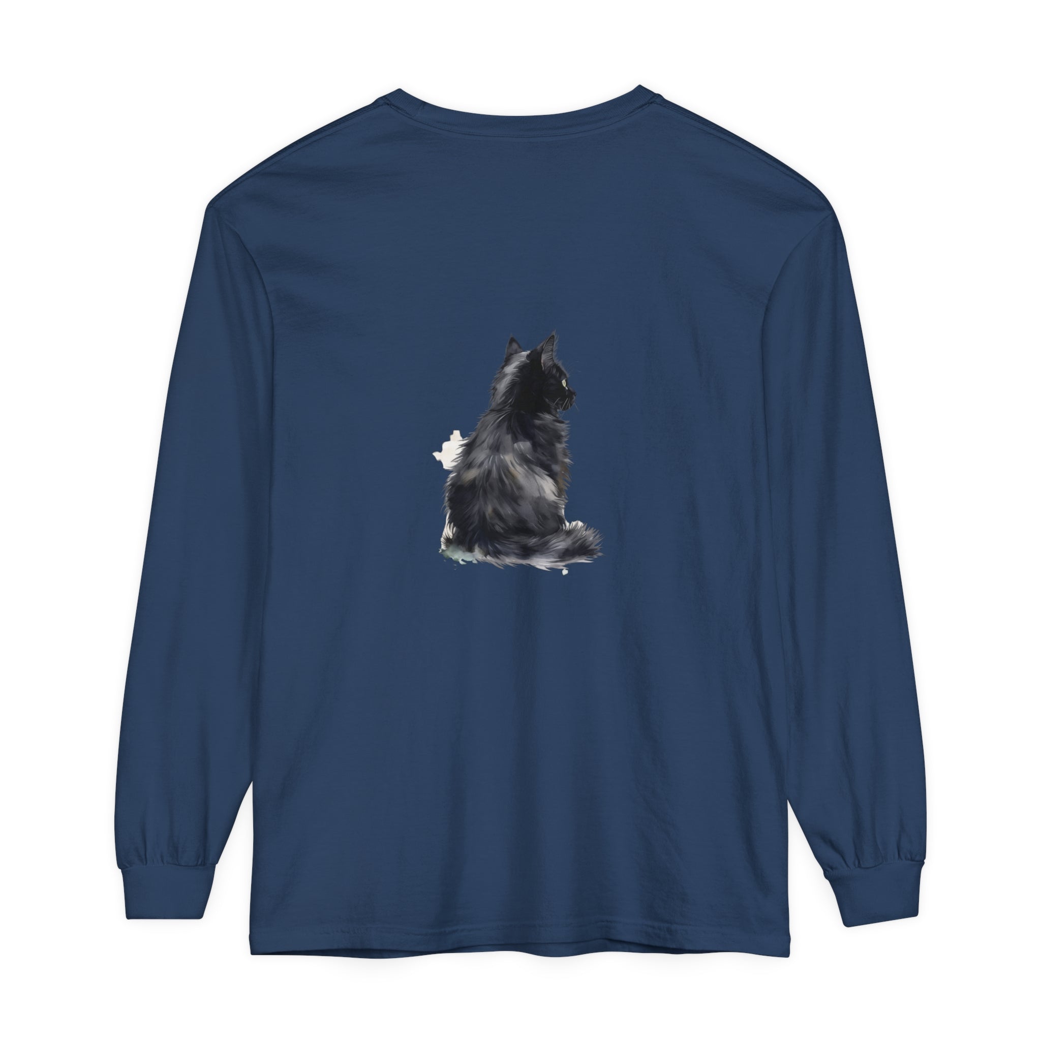 Beautiful hand-painted watercolor image of a black and white cat on a long sleeve t-shirt