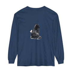 Beautiful hand-painted watercolor image of a black and white cat on a long sleeve t-shirt