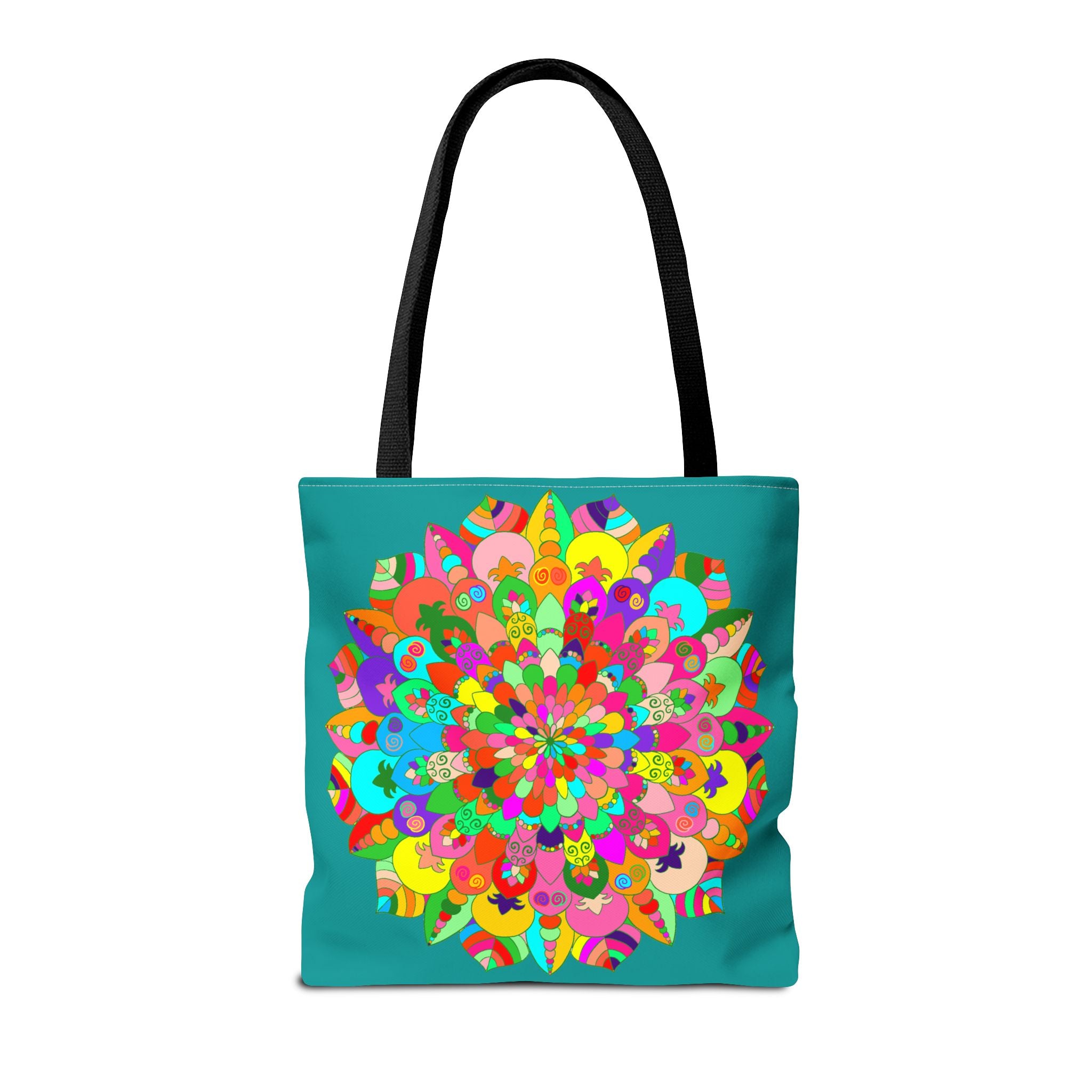 Beautiful aquamarine tote bag featuring intricate and vibrant mandala art design