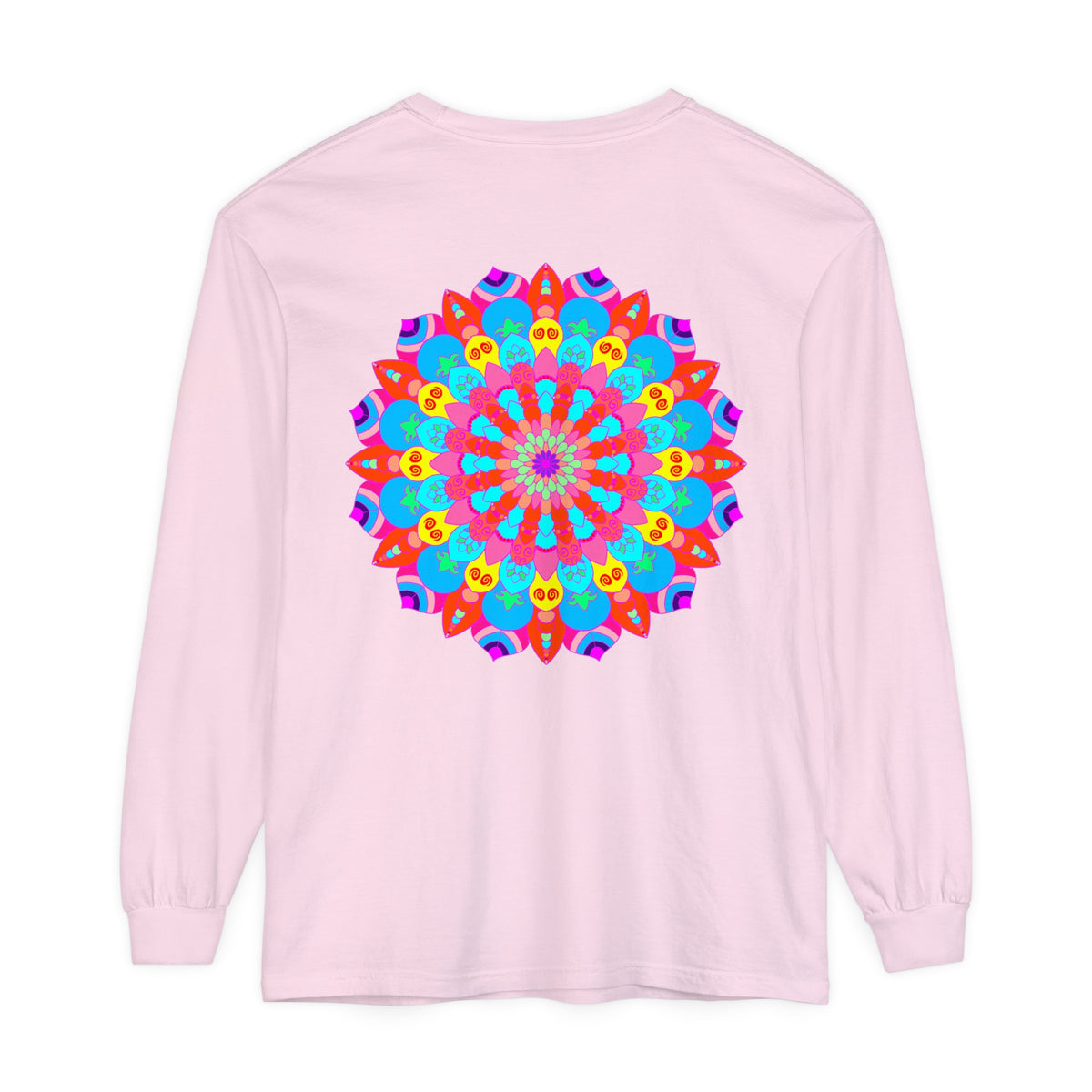 Vibrant and intricate mandala design on a unisex long sleeve t-shirt