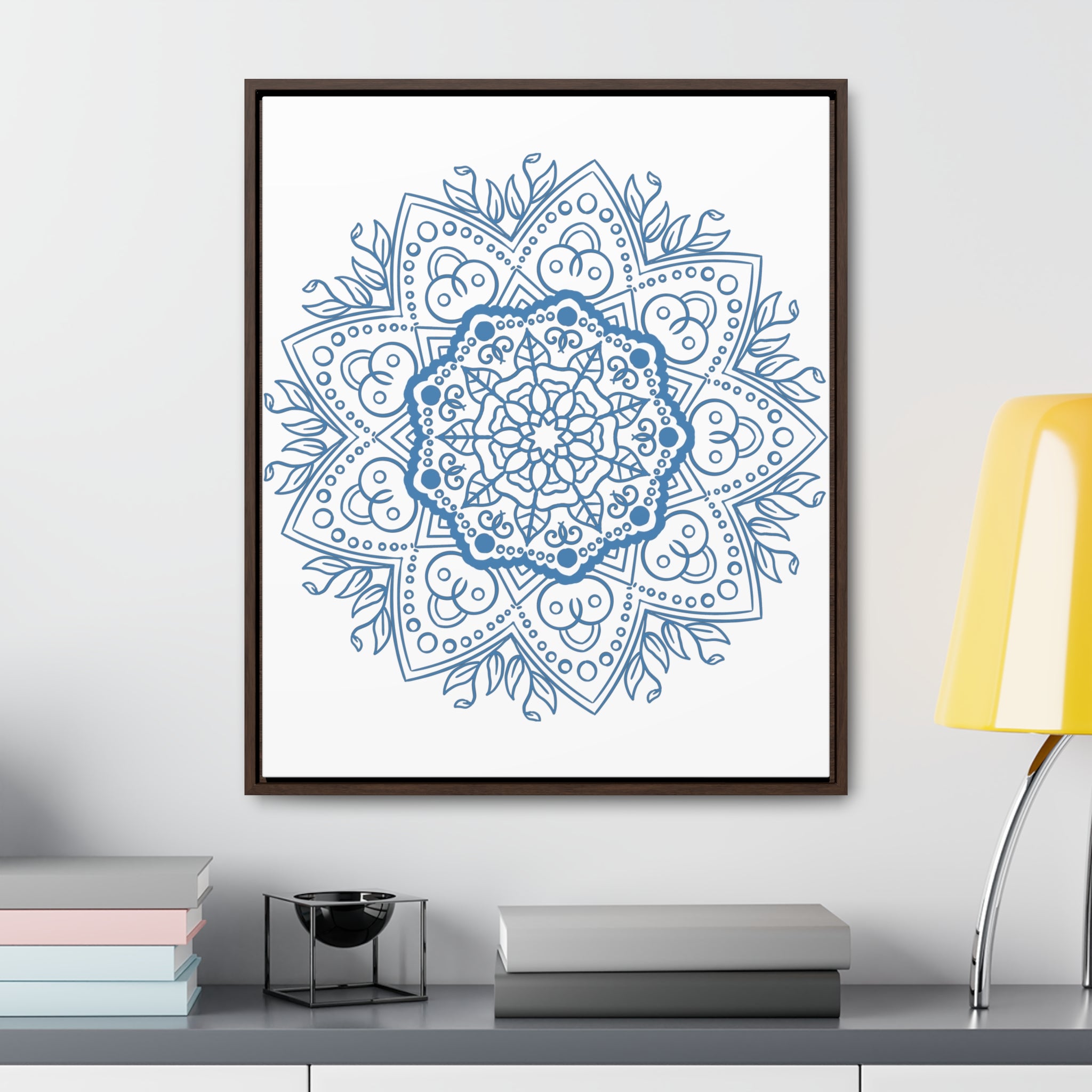 Beautiful handmade steel blue mandala design wall art on gallery canvas wraps in vertical frame, perfect for adding a touch of elegance to any space