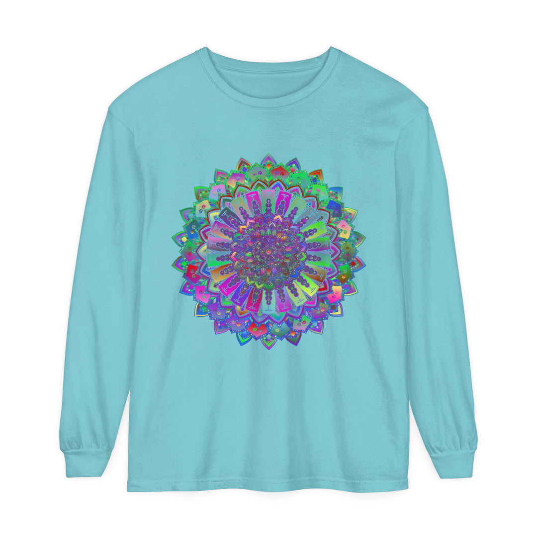 Colorful and intricate mandala design on a comfortable long sleeve t-shirt