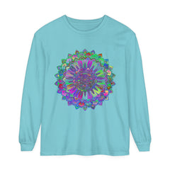 Colorful and intricate mandala design on a comfortable long sleeve t-shirt