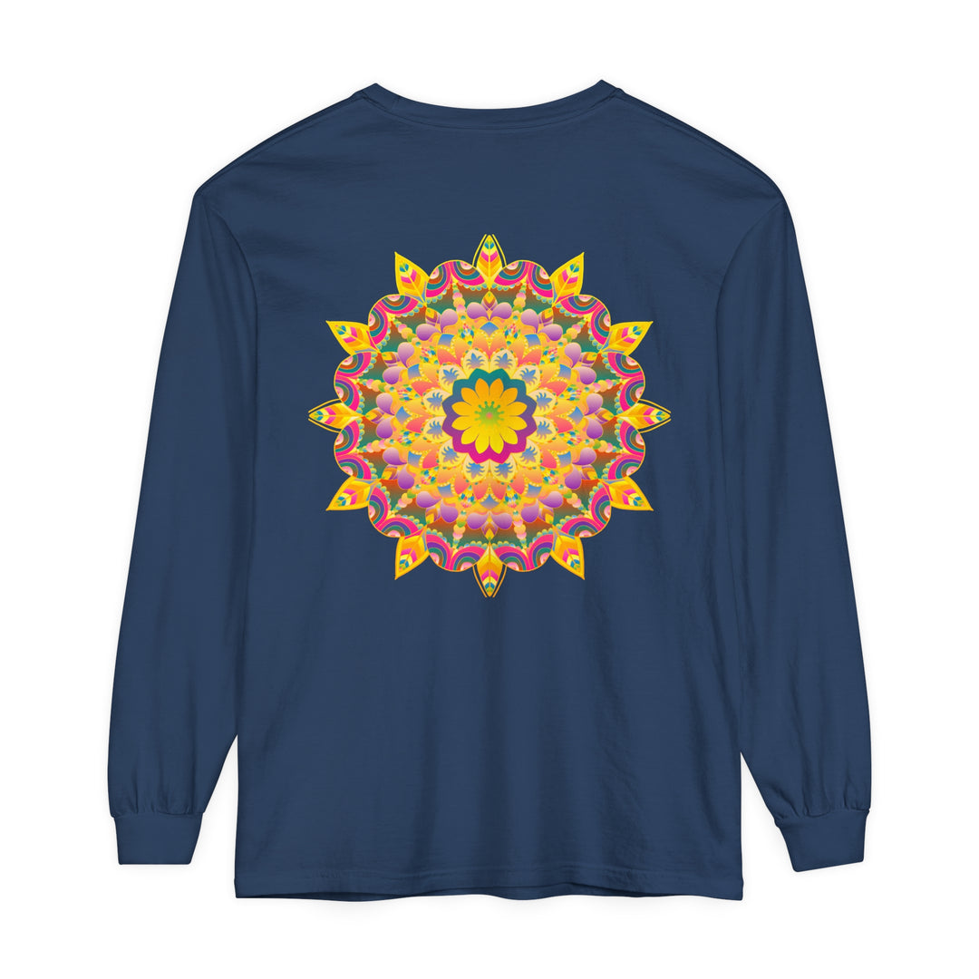 A vibrant and colorful long sleeve t-shirt featuring a psychedelic mandala design