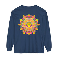 A vibrant and colorful long sleeve t-shirt featuring a psychedelic mandala design