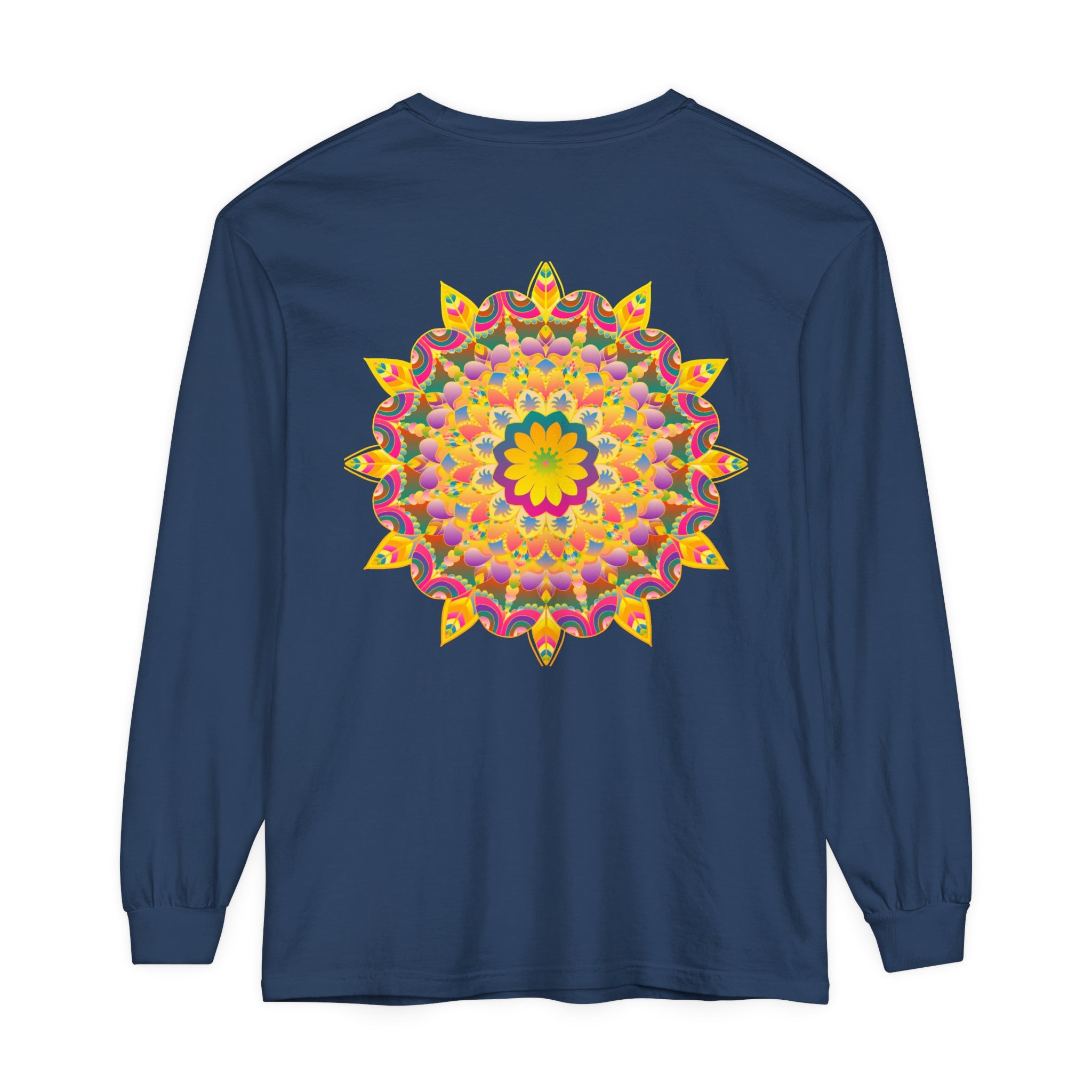 A vibrant and colorful long sleeve t-shirt featuring a psychedelic mandala design