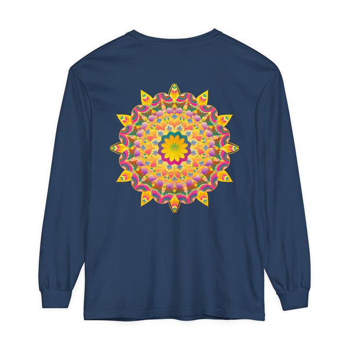 A vibrant and colorful long sleeve t-shirt featuring a psychedelic mandala design