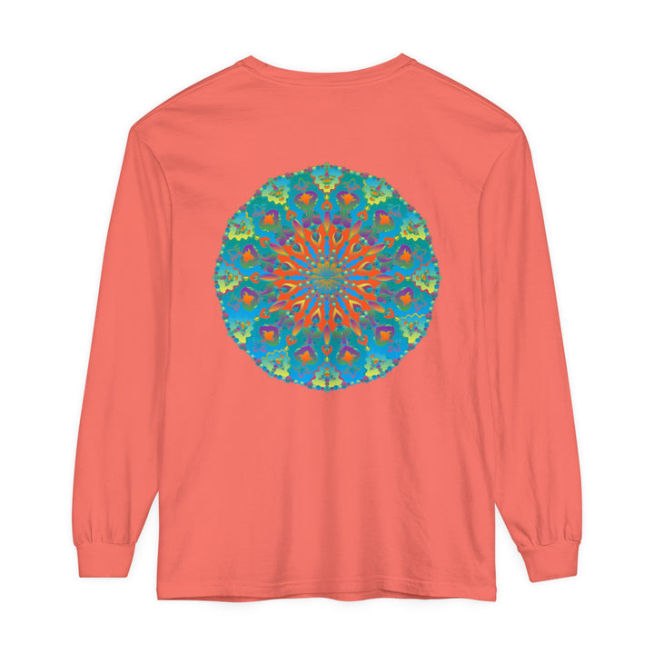 Vibrant and colorful long sleeve t-shirt with a beautiful rainbow mandala design