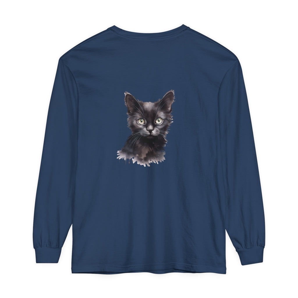 Black Cat Watercolor Long Sleeve T-Shirt with vibrant watercolor cat design