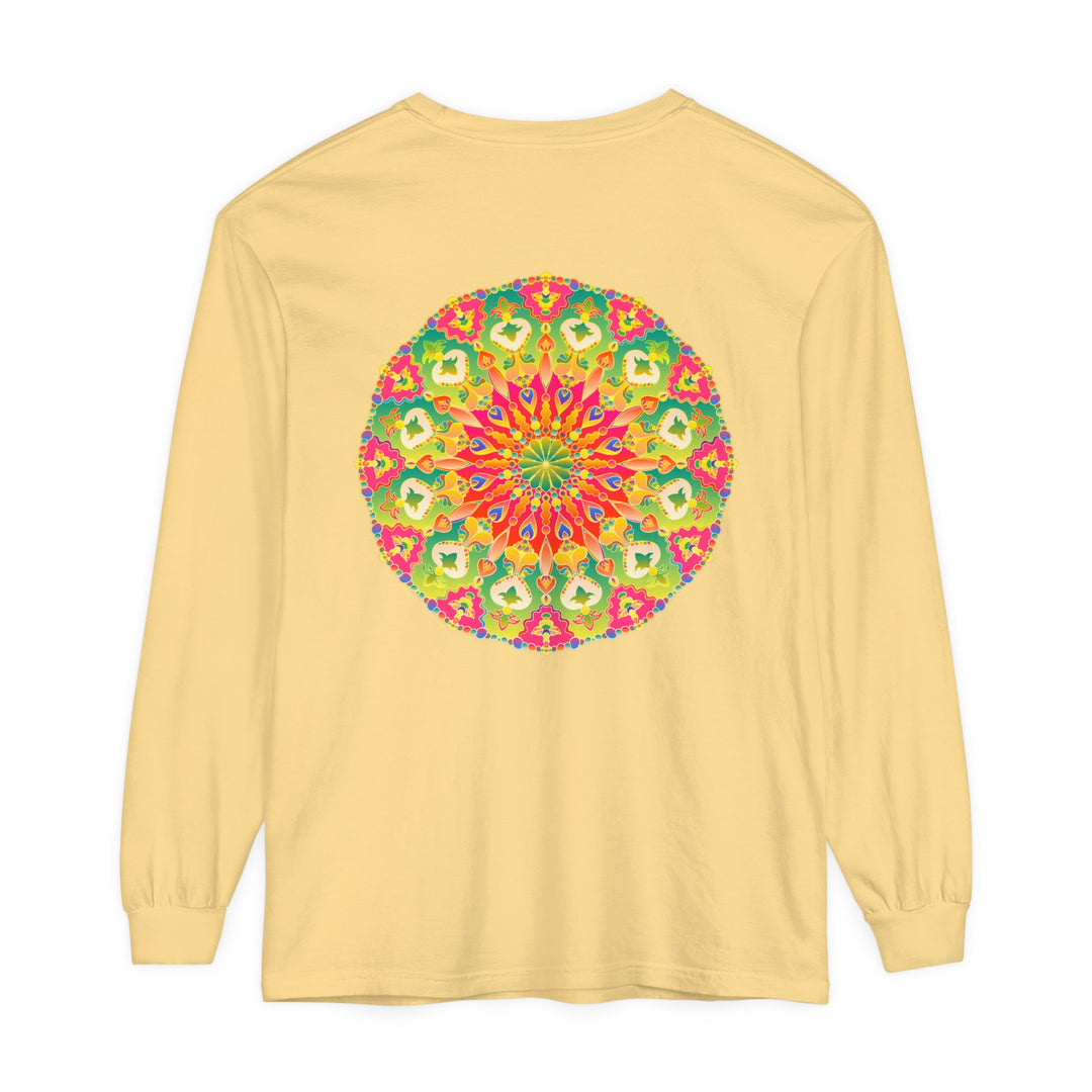 A close-up image of a vibrant, intricate mandala design on a long sleeve t-shirt