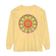 A close-up image of a vibrant, intricate mandala design on a long sleeve t-shirt