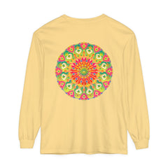 A close-up image of a vibrant, intricate mandala design on a long sleeve t-shirt