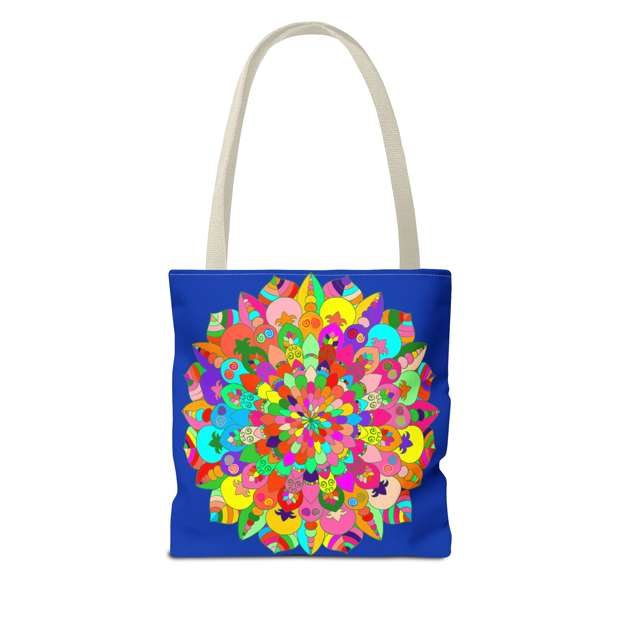 Vivid dark blue tote with a detailed and colorful mandala design