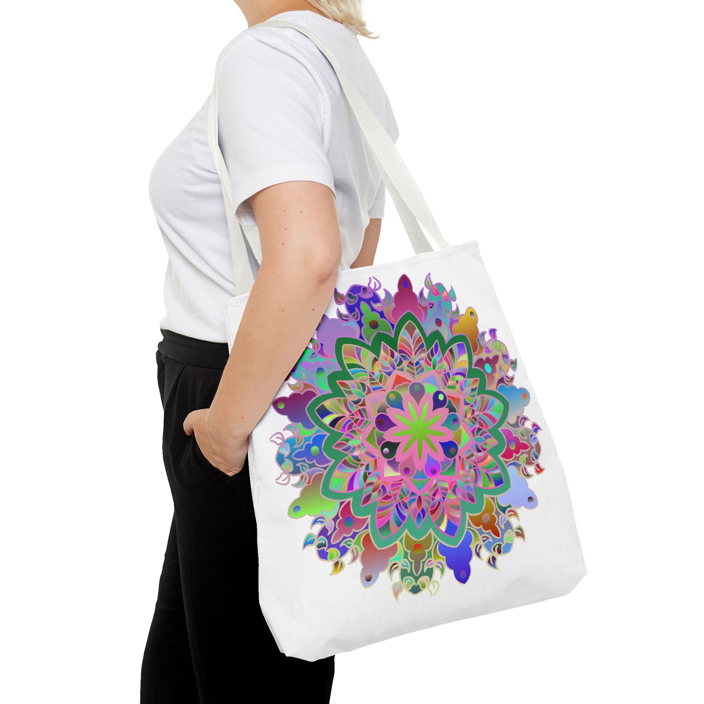 Vibrant and intricate mandala design tote bag in various colors