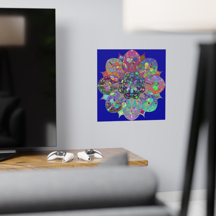 Eye-catching dark blue square matte paper poster featuring intricate hand-drawn mandala art