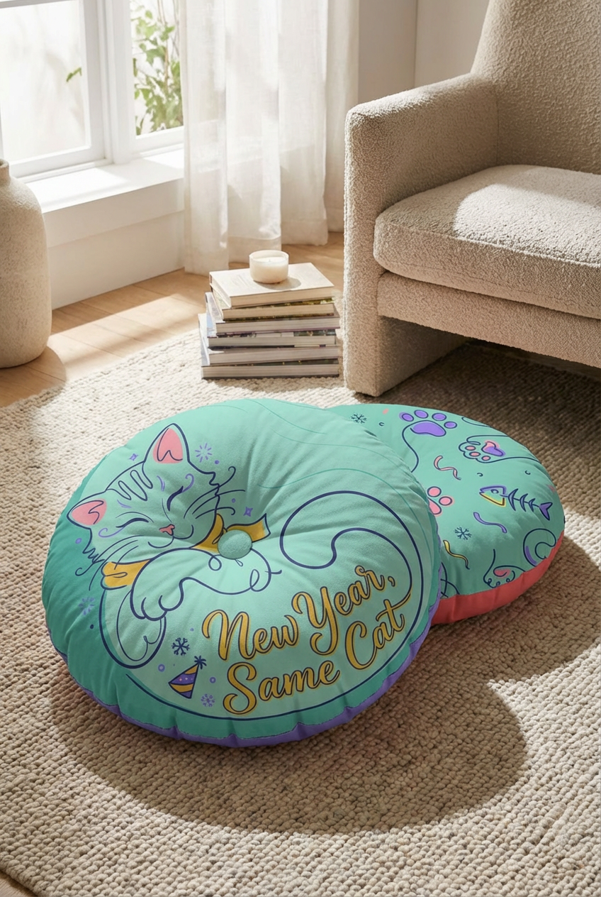 Sunbeam Cat Floor Pillow, Cute Round Tufted Cushion