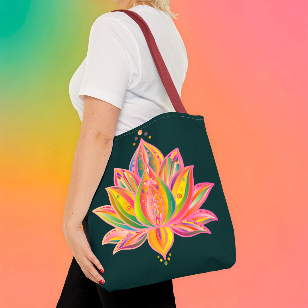 Lotus Blossom Energy Tote – Deep Green Canvas with Artistic Print