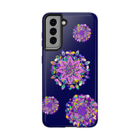 Hand drawn mandala art phone case in shades of purple, known for its durability and shock absorbent qualities