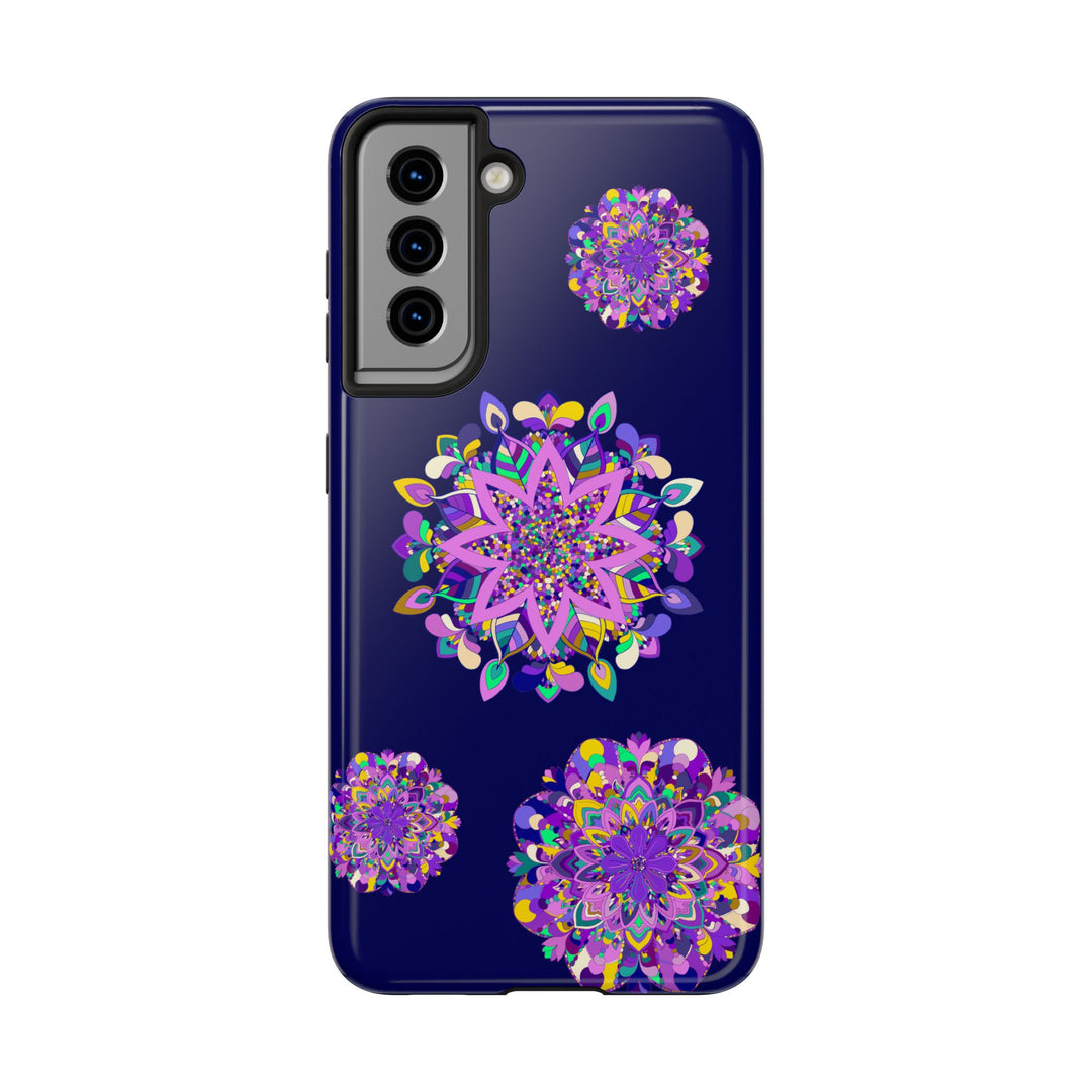 Hand drawn mandala art phone case in shades of purple, known for its durability and shock absorbent qualities