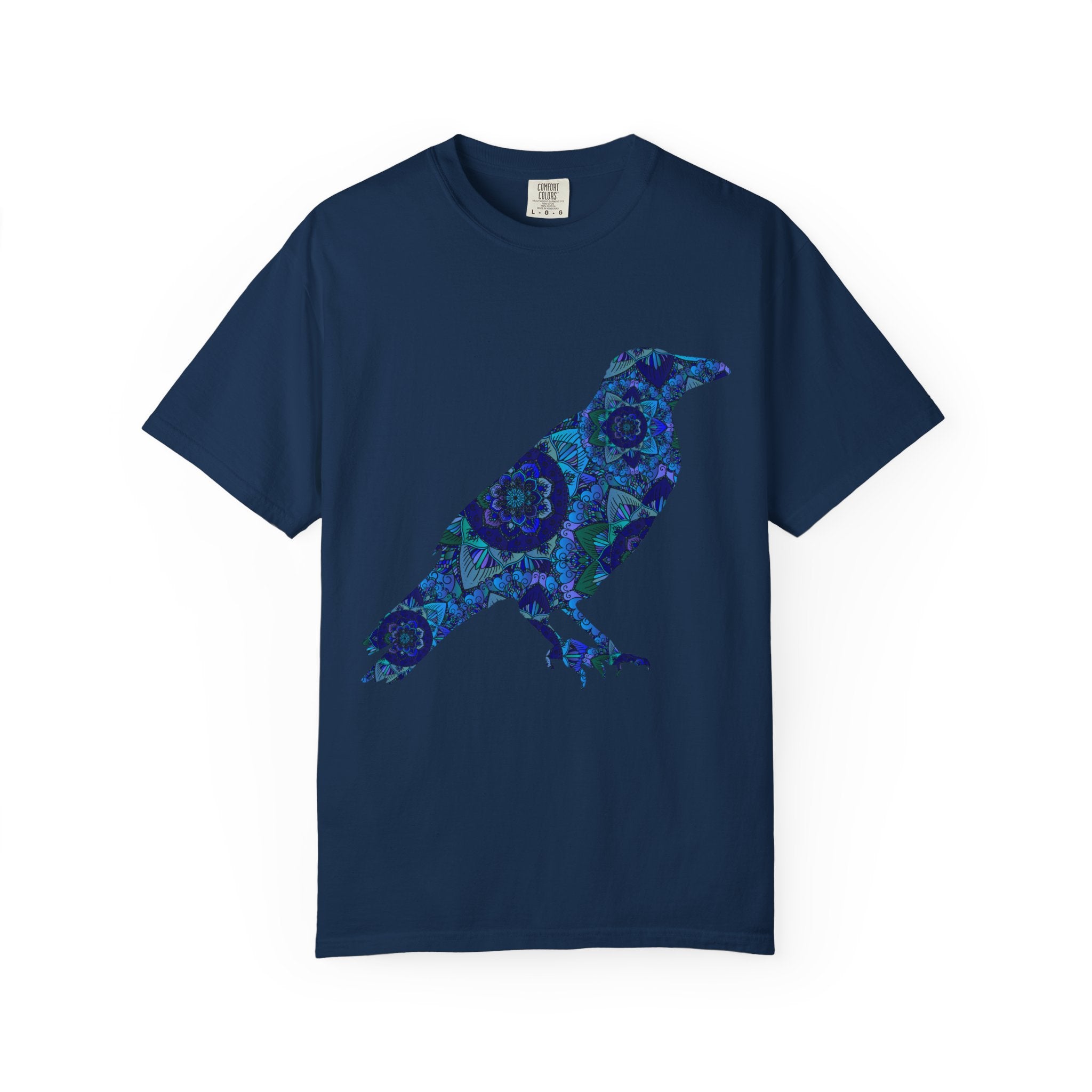 Maglietta con stampa corvo mandala blu — Maglietta grafica con corvo Inner Protection