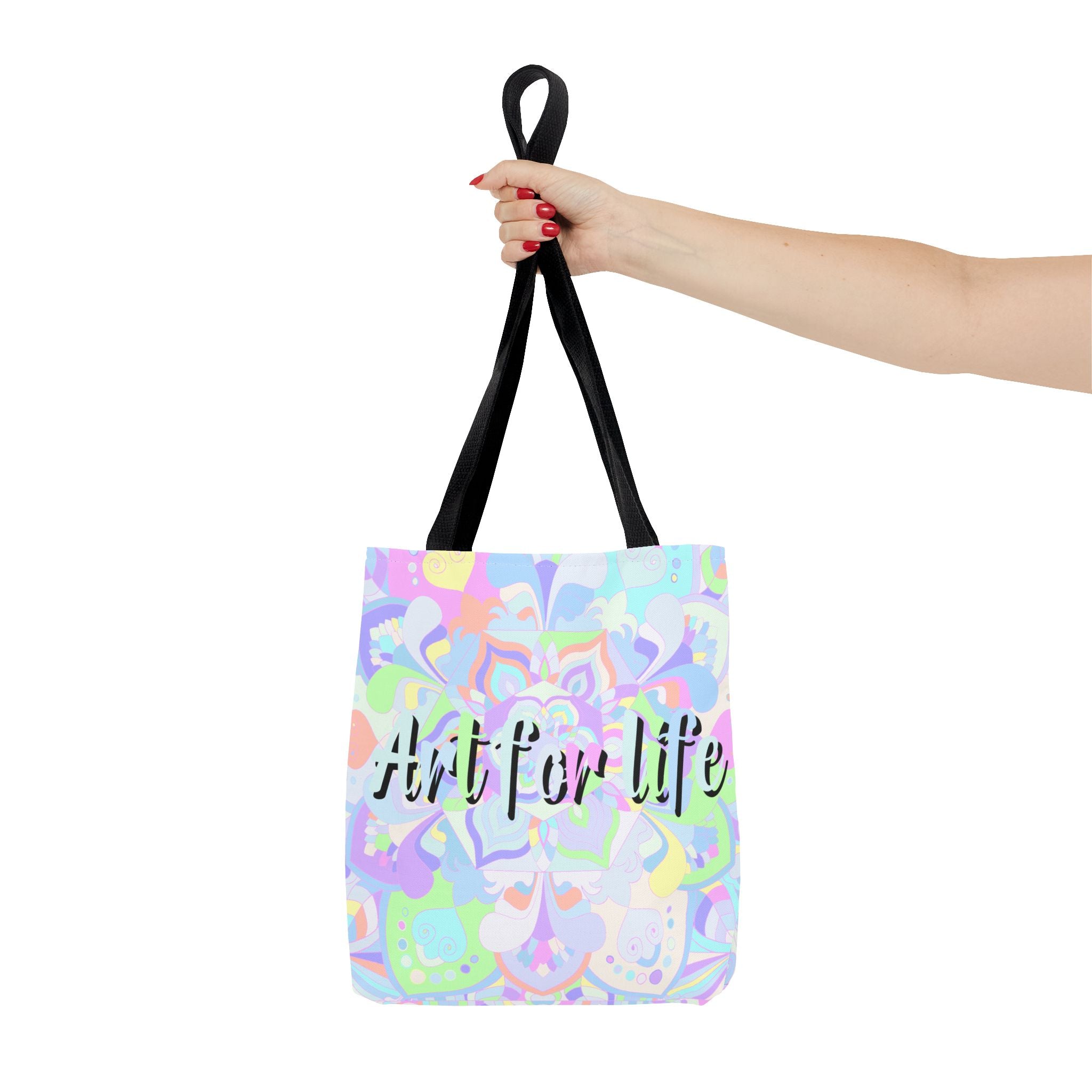 A beautiful and vibrant mandala tote bag with a quote Art for Life showcasing colorful and intricate design perfect for daily use