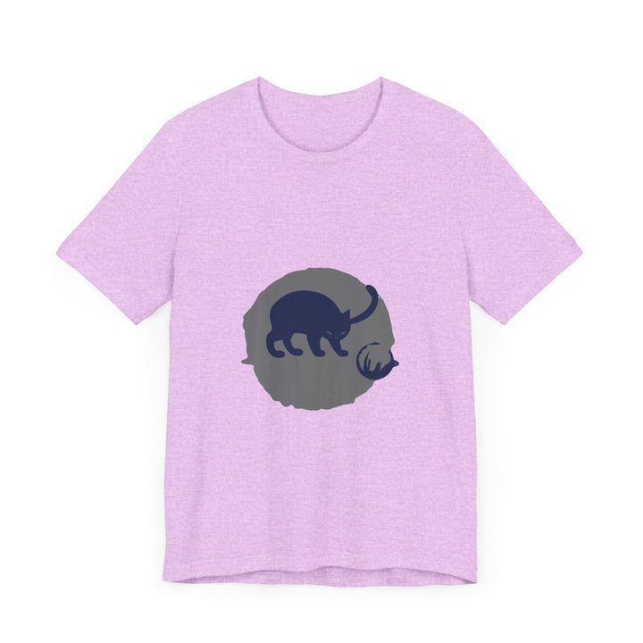 A black cat with piercing yellow eyes sits in playful silhouette on a mystery-themed t-shirt