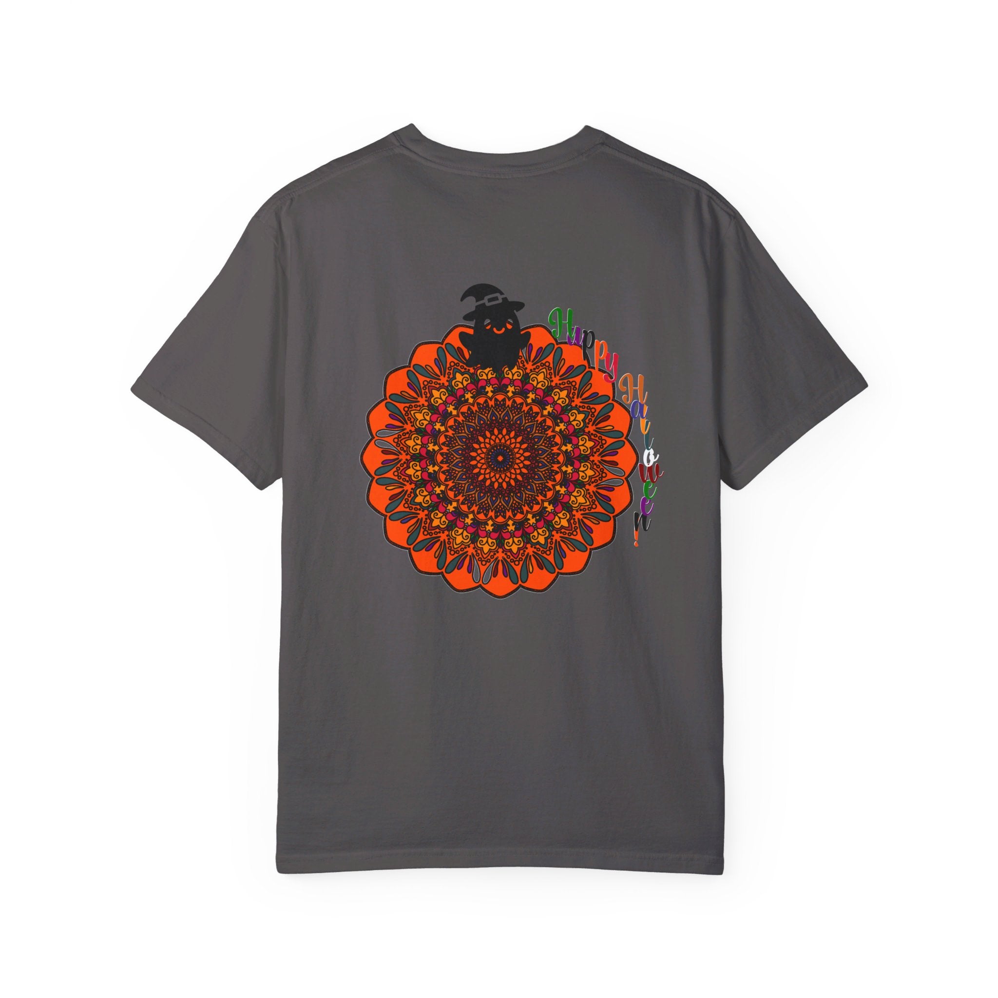 A vibrant orange unisex t-shirt featuring a hand-drawn pumpkin mandala design perfect for Halloween