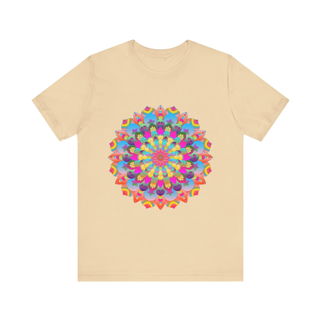 Vibrant and intricate mandala flower design on a t-shirt, inspired by psychedelic art