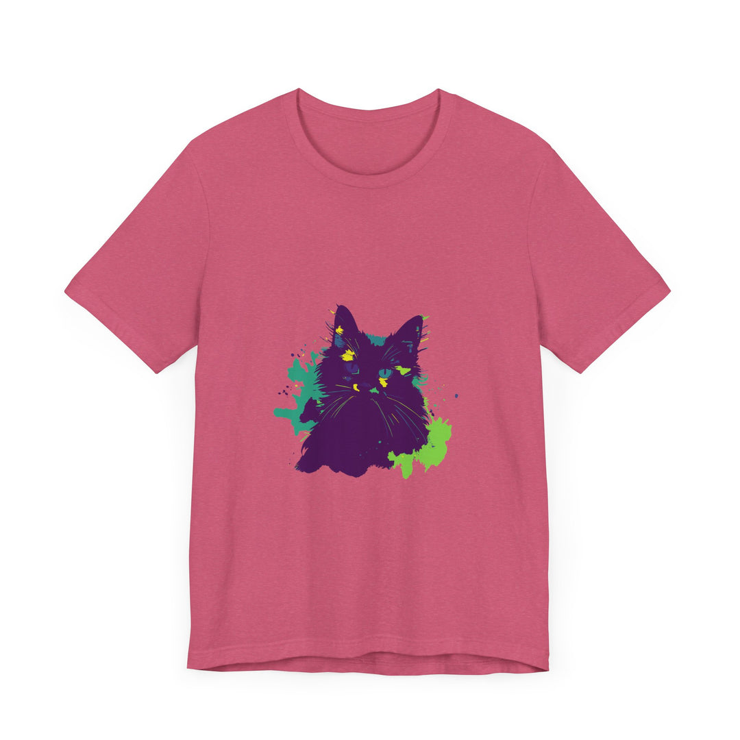 Vibrant purple t-shirt featuring a mysterious cat design in abstract style