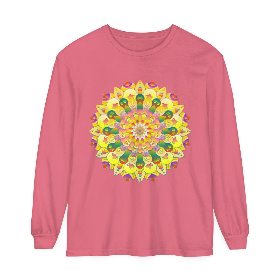 Colorful and intricate mandala design on a unisex long sleeve t-shirt