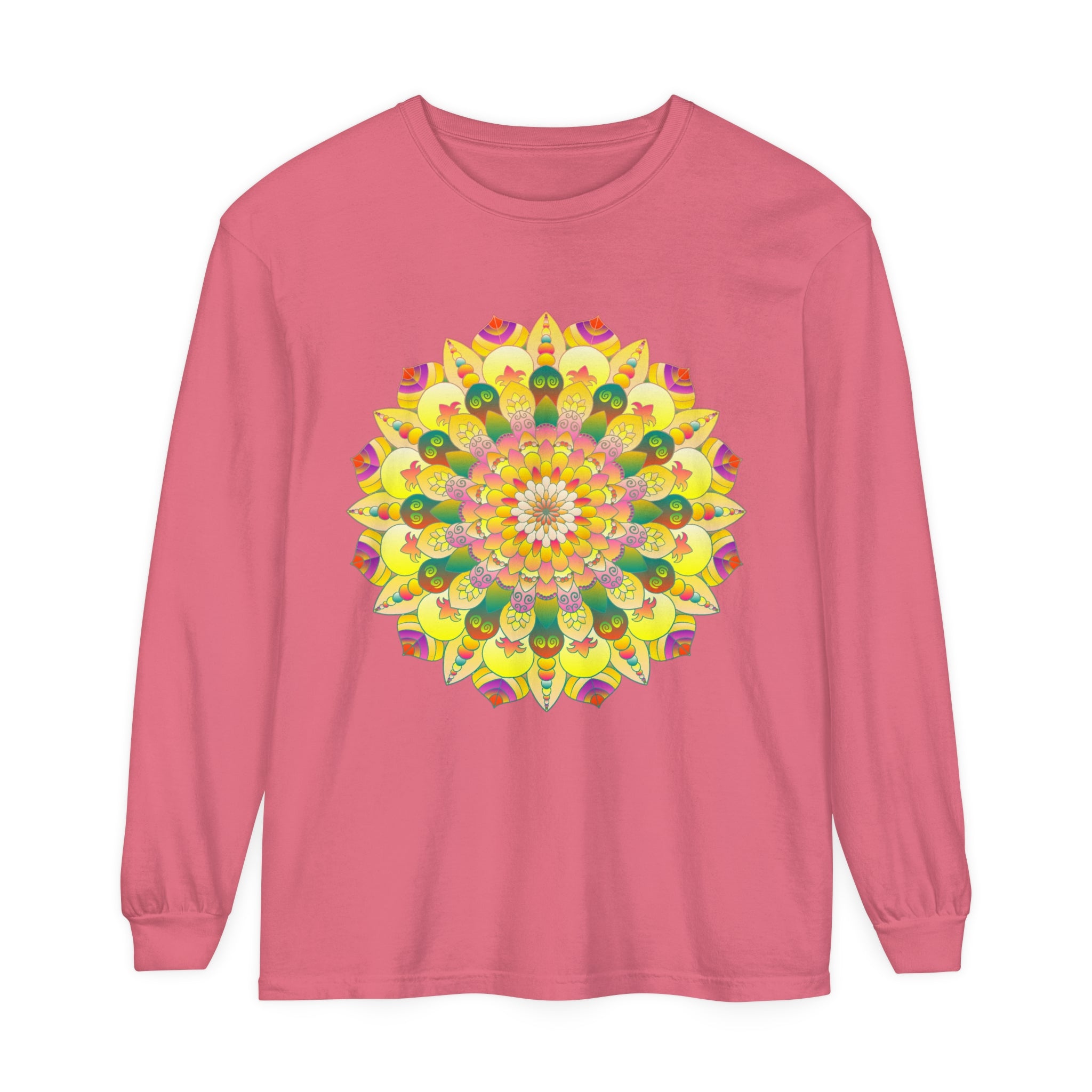 Colorful and intricate mandala design on a unisex long sleeve t-shirt