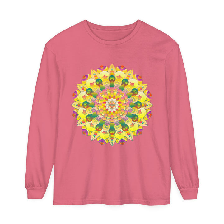 Colorful and intricate mandala design on a unisex long sleeve t-shirt