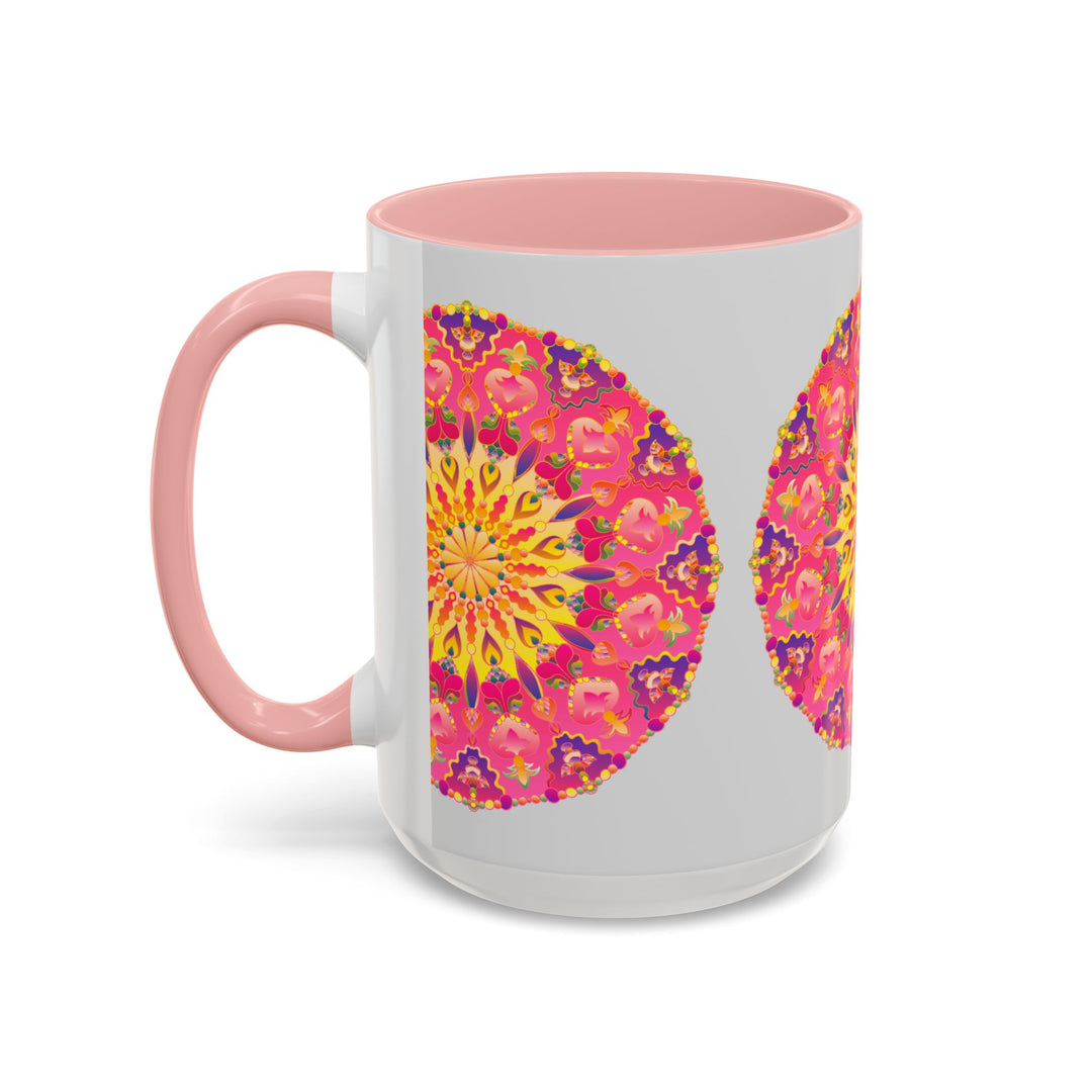 Colorful mandala art mug in pink, yellow, and green with intricate designs