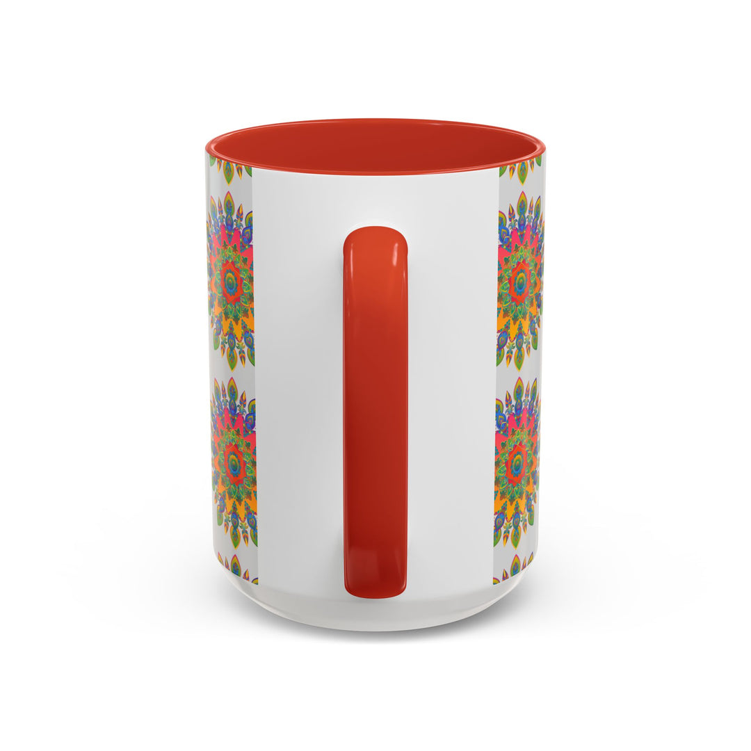 Intricately designed mandala with vibrant colors on a grey ceramic mug