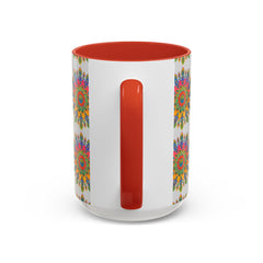 Intricately designed mandala with vibrant colors on a grey ceramic mug