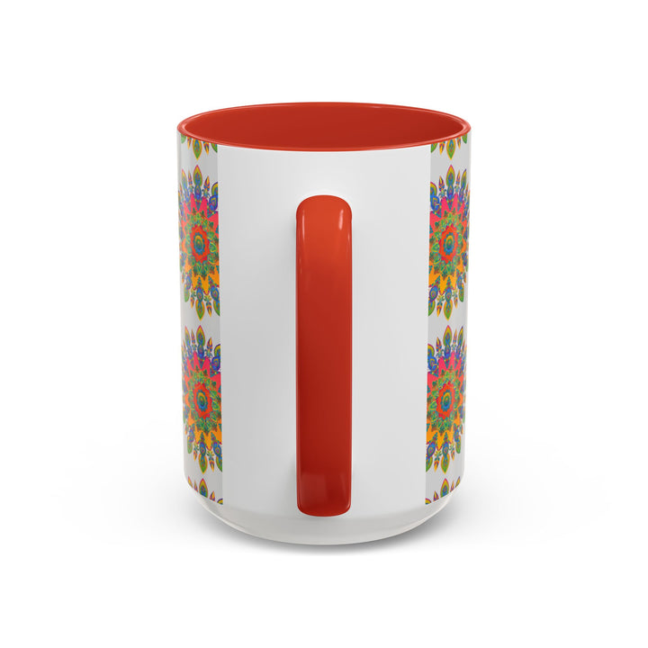 Intricately designed mandala with vibrant colors on a grey ceramic mug