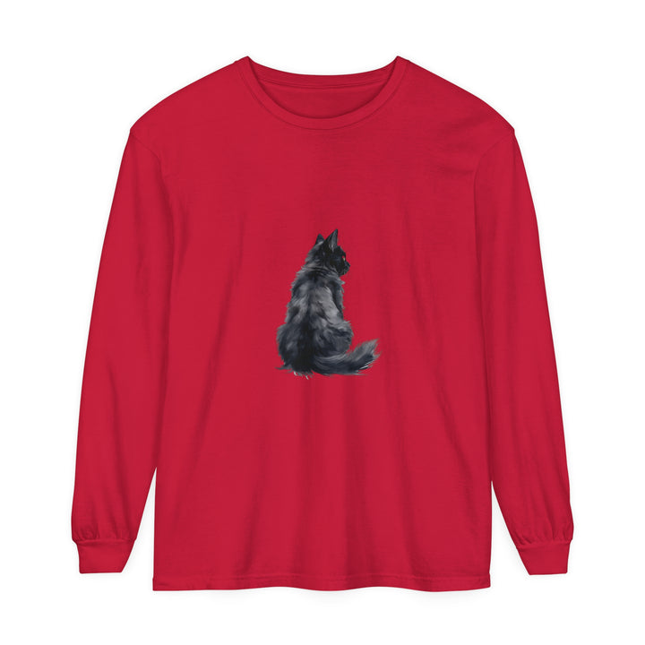 A unisex long sleeve t-shirt with a striking black cat silhouette