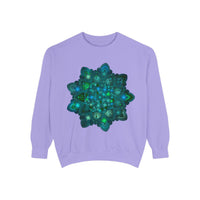 Intricate blue and green mandala sweatshirt with detailed geometric patterns