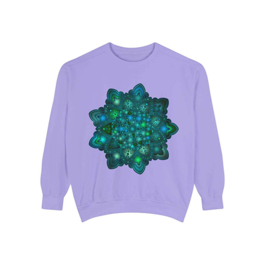 Intricate blue and green mandala sweatshirt with detailed geometric patterns