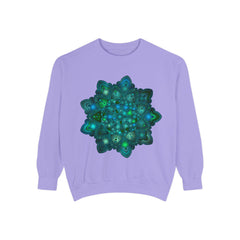 Intricate blue and green mandala sweatshirt with detailed geometric patterns