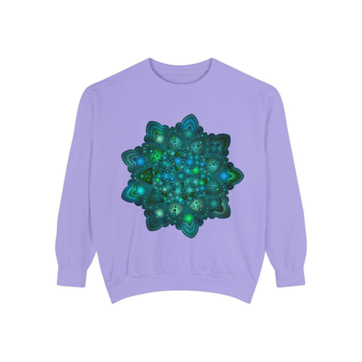 Intricate blue and green mandala sweatshirt with detailed geometric patterns