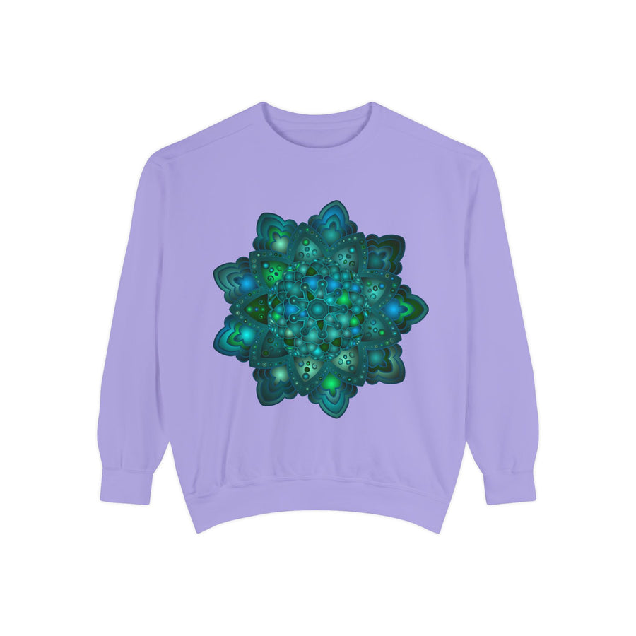 Intricate blue and green mandala sweatshirt with detailed geometric patterns