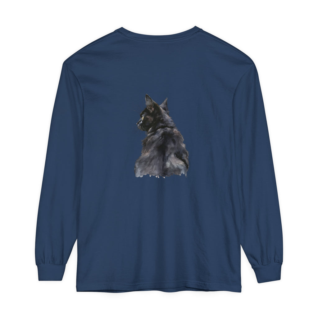 Black Cat Watercolor Long Sleeve T-Shirt featuring a stunning watercolor design of a black cat on a comfortable long sleeve tee