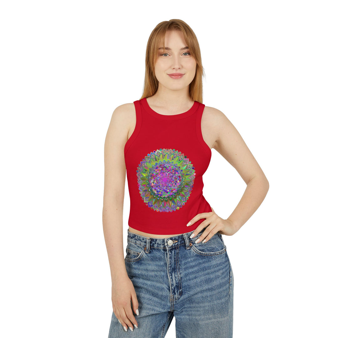 Women's racerback tank top with a striking and colorful mandala design