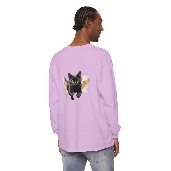 Black Cat Watercolor Sprint Unisex T-Shirt, featuring a vibrant watercolor design of a black cat running, perfect for animal lovers and art enthusiasts